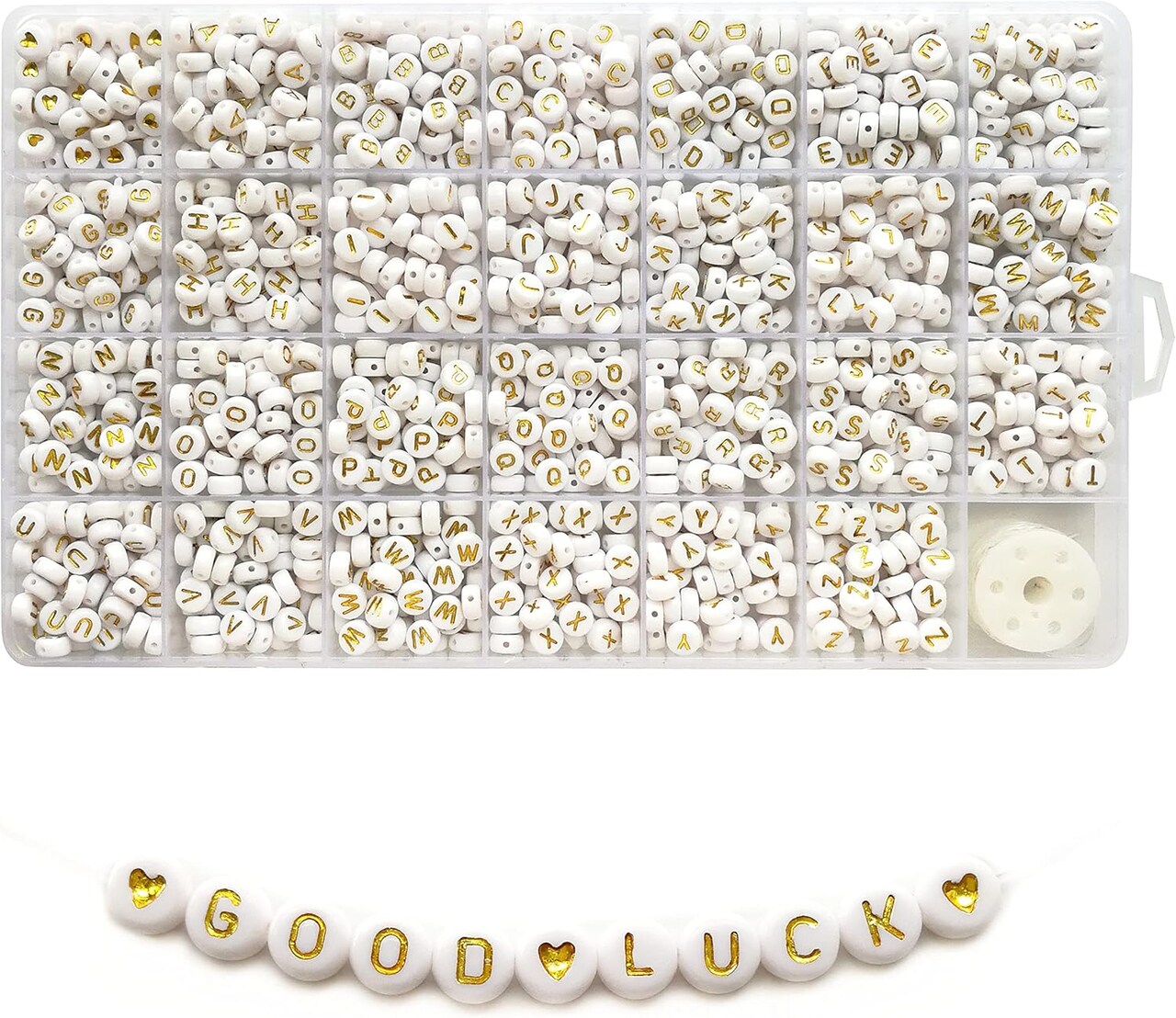 1400pcs Letter Beads A-Z 4x7mm White On Gold Round Acrylic Alphabet Heart Beads and Beading Cord for Jewelry Making Bracelets Necklaces Key Chains